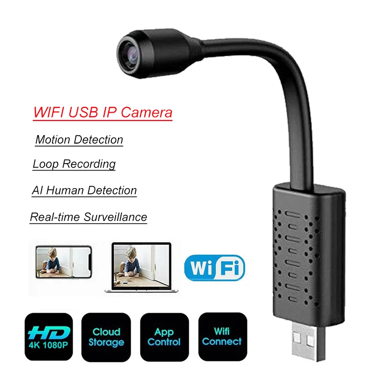 

HD Smart Mini Wifi USB Camera Real-time Surveillance IP Camera AI Human Detection Loop Recording Mini camera Support SD 128G