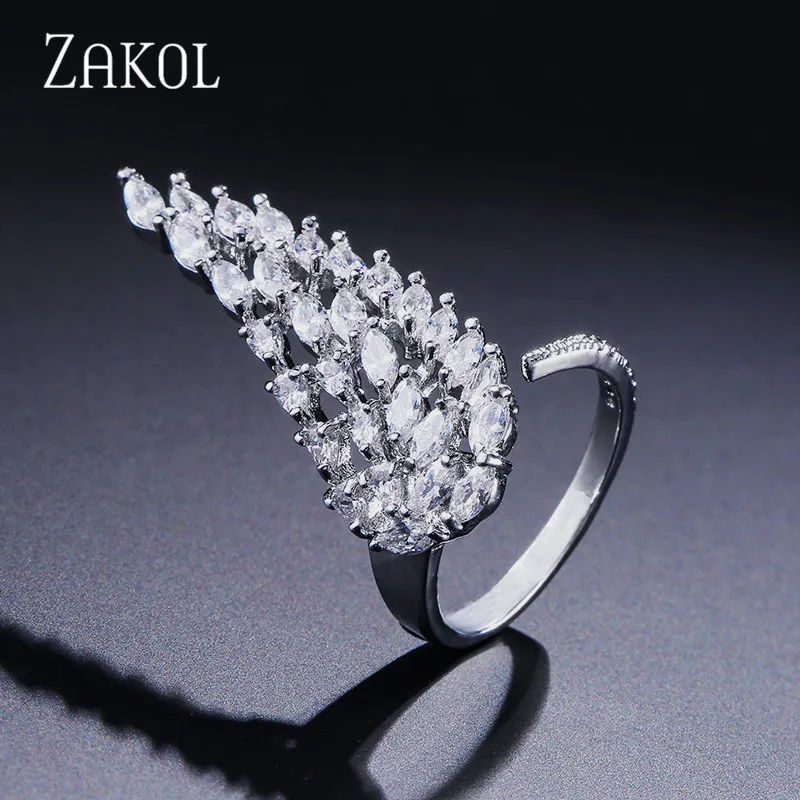 

ZAKOL New Leaf Shape Clear CZ Zirconia Angel Wing Open Rings Fashion White Gold Women Finger Ring For Party Show FSRP2021