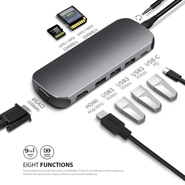 

New style High Quality Good Price 9 in 1 usb type c hub For Samsung S10 Dex