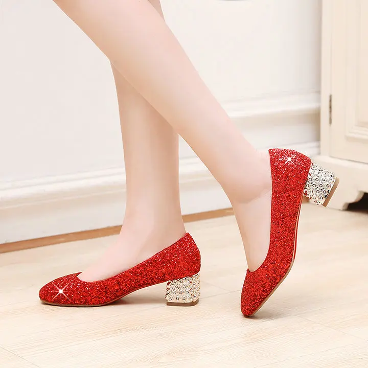 Женская обувь; сезон весна-осень; туфли-лодочки mary jane; модные вечерние женские туфли без застежки на низком квадратном каблуке с блестками; цвет золотой, серебряный, красный