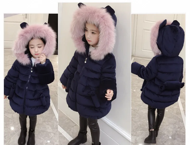 Зимнее пальто для маленьких девочек плотная верхняя одежда с капюшоном и меховым воротником на хлопковой подкладке милый зимний комбинезон для школы, Детская куртка