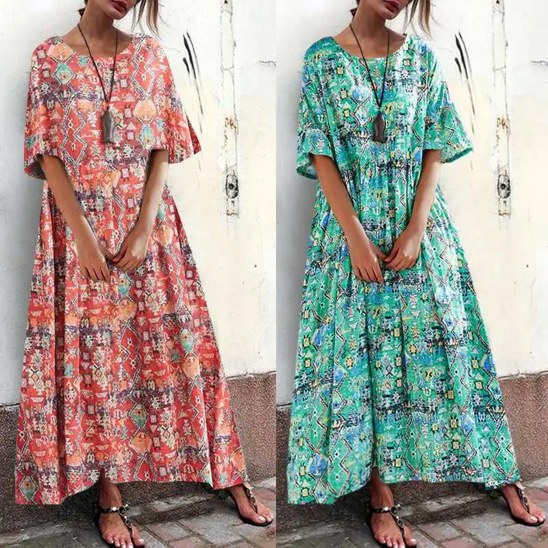 

ZANZEA 2019 Women's Floral Maxi Dress Kaftan Summer Sundress Vintage Printed Short Sleeve Tunic Vestidos Female Pleated Robe 5XL