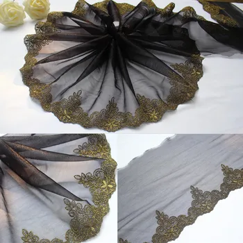 

19cm or 7.48inch wide -2yards/lot Elastic Black Based Gold Embroidered Floral Tulle Lace Trim ~Gorgeous Beauty~