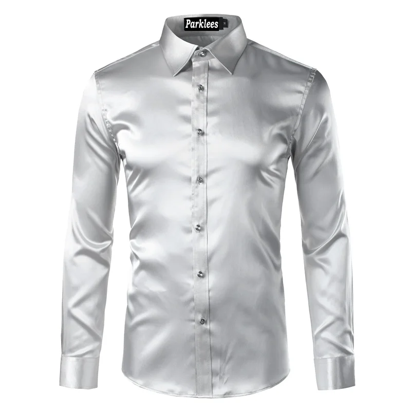 New Gold Silk Satin Shirt Men Chemise Homme 2017 Fashion Mens Slim Fit Long Sleeve Emulation Silk Button Down Dress Shirt Red