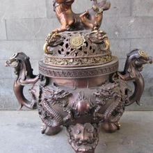 19 ''красный бронзовый резные дракон фу foo собака лев каждения кадило статуя