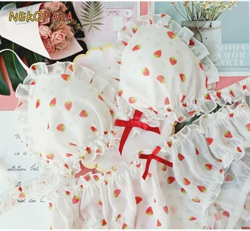 

Strawberry Cute Japanese Chiffon Bra & Panties Set Wirefree Soft Underwear Sleep Intimates Set Kawaii Lolita White