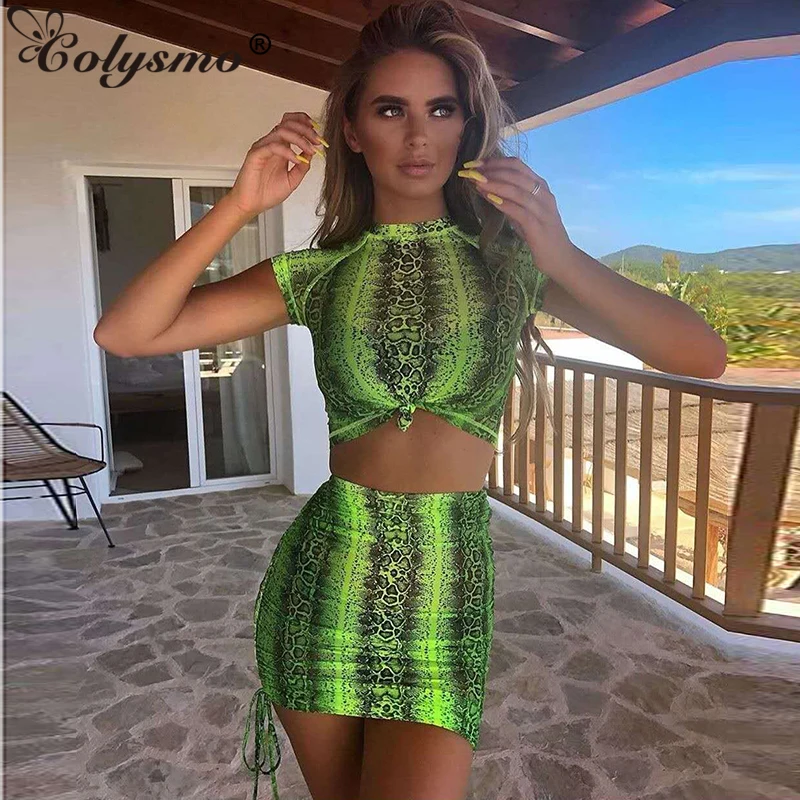 

Colysmo Sexy Mesh Two Piece Set 2019 Summer Drawstring Lace Up Ruched Beach Matching Sets Women Python Print Crop Top Skirt Set
