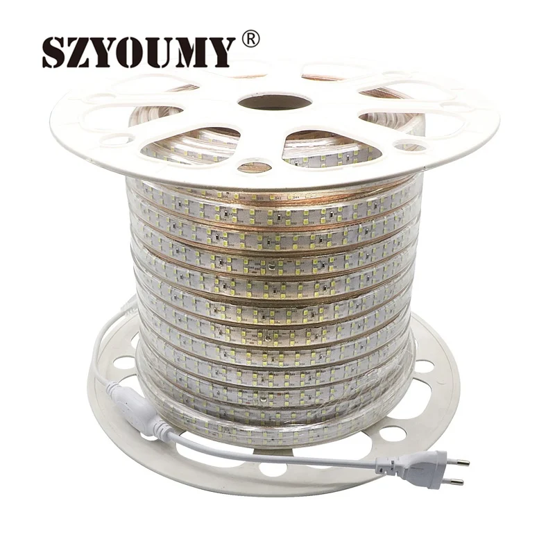 SZYOUMY супер яркий 180led/m 220 V светодиодные ленты SMD 2835 двухрядные белые Тиры светодиодные ленты Водонепроницаемый + разъем питания 100 м/лот