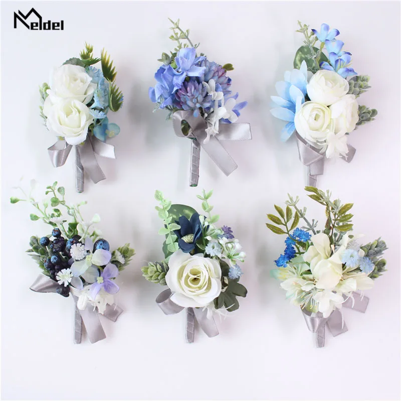 Meldel Corsage Bräutigam Boutonniere Anstecknadel Braut Handgelenk Corsage Weiß Blau Rose Armband Hochzeit Party Persönliches Blumendekor