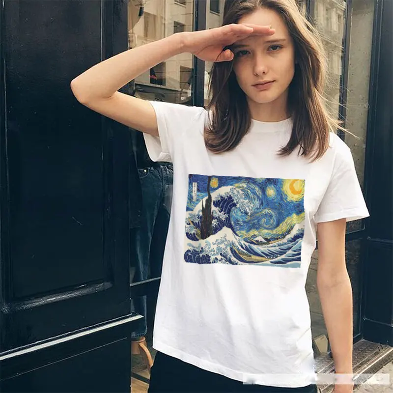 

Van Gogh Art Oil Painting Printed Funny Women T Shirt Vogue Summer Tops Short Sleeve Female Korean Clothes Graphic Tees Vintage