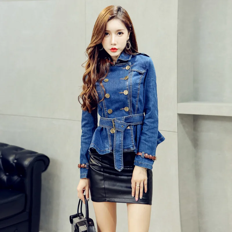 

Women Denim Jacket Coat Casual Double-breasted Jean Jackets Lady Windbreaker Epaulets ruffle short jacket Autumn Female Clothing