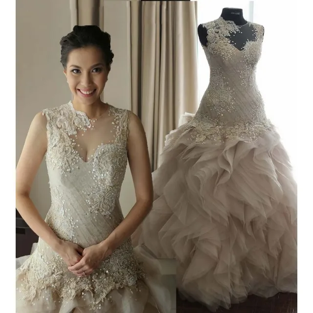 Creme Color Real Photo Tulle Vestidos De Noiva 2017 Elegant Sheer Creme Color Real Photo Tulle Vestidos De Noiva 2017 Elegant Sheer Neck See Through Lace Bridal