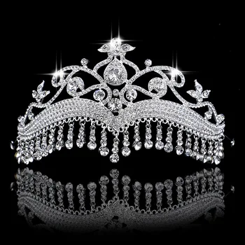 

Luxury Shiny Rhinestone Silver Plated Bridal Crown Tiaras Light Tassels Princess For Bride Headbands Wedding Hair Accessories