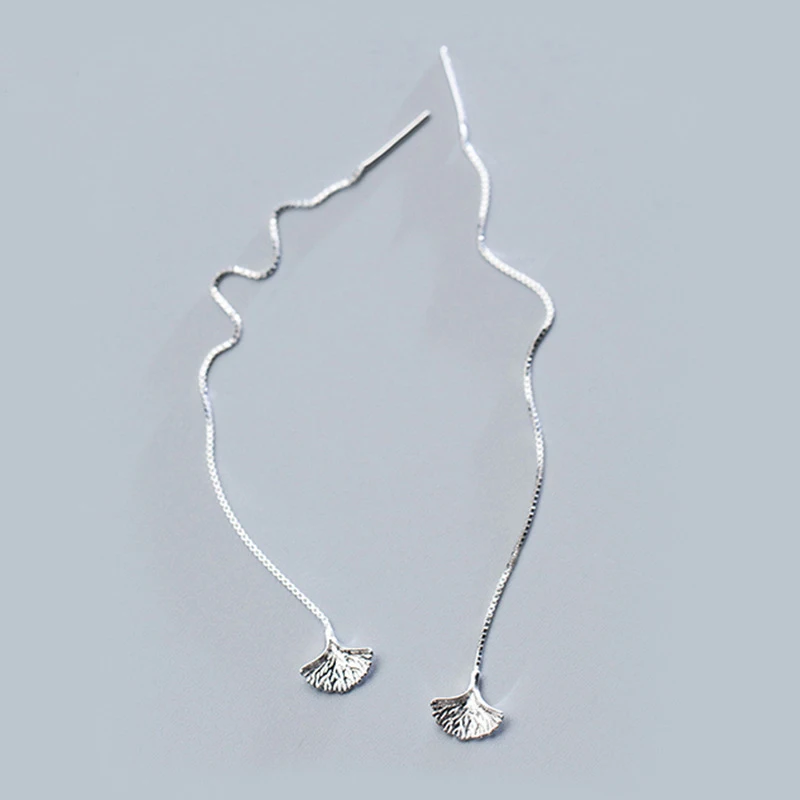 

Solid 925 Sterling Silver Ginkgo Biloba Leaf Drop Earrings for Women Long Chain Girl Earring Fashion Silver Jewelry