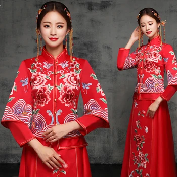 

Overseas Chinese Marriade Cheongsam Suit Embroidery Flower Qipao Bride Wedding Dress Gowns Vintage Hanfu Clothing Vestidos