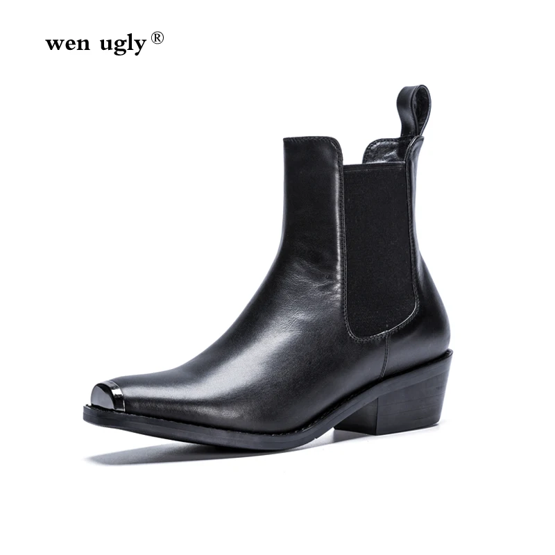 

wenugly Motorcycle boots 2019 autumn and winter new women's boots leather square with ankle boots handsome punk boots size 35-39