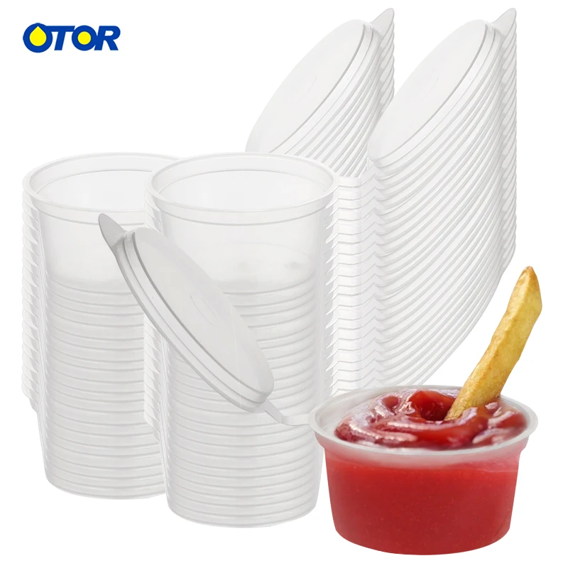 

OTOR 100pcs 35ml 45ml Disposable Clear Plastic Sauce Pot Chutney Cups Slime Storage Container Box With Lids Kitchen Organizer