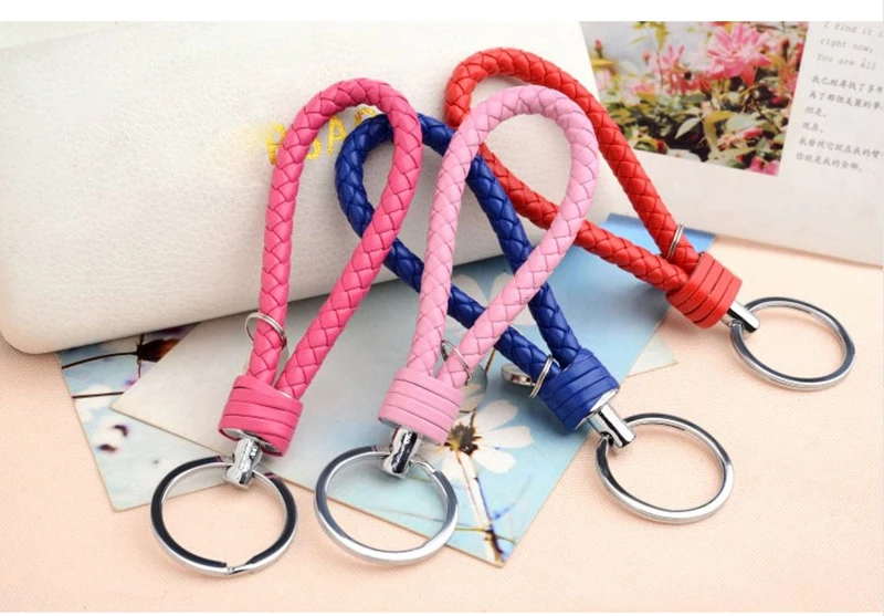 15 colores moda PU cuero cuerda tejida llavero Metal llavero hombres mujeres llavero cadena anillo coche Llaveros bolso colgante encanto