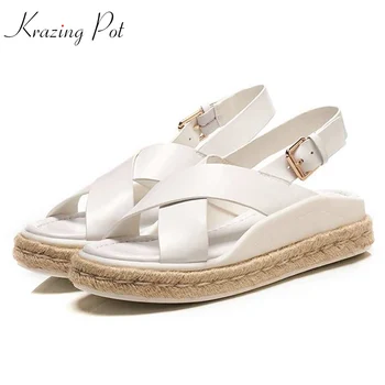 

Krazing pot full grain leather metal buckle punk mature handmade straw soles med heels pregnant thick bottom woman sandals L52