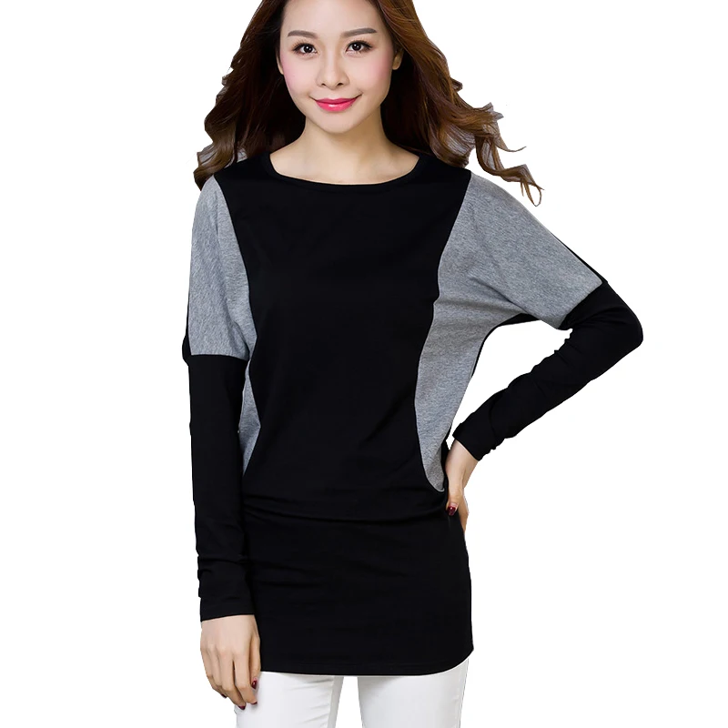 Fall Women Big Size T Shirts Loose 4xl Tops Long Sleeves Grey And Black Contrast Color T Shirts 