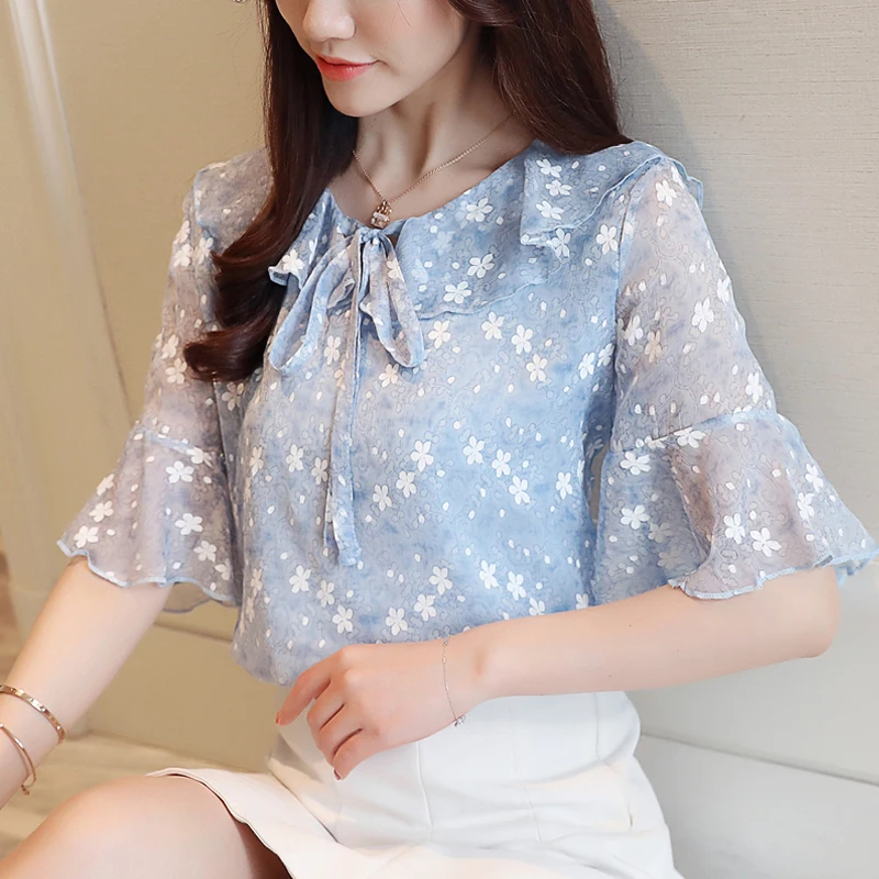 

Fashion Woman Blouses 2019 Ruffled Floral Chiffon Women's Shirt Short Sleeve Top Summer Women Shirts Blusa
