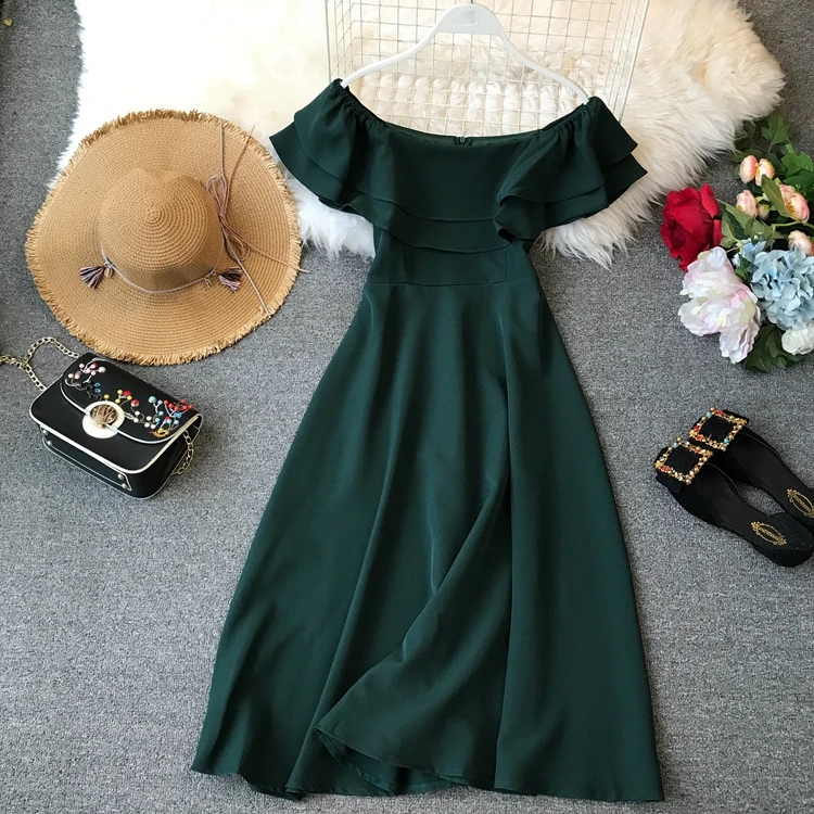

Zqlz Slash Neck Short Sleeve Off The Shoulder Sexy Dress Women Summer Ruffles Solid Vintage A-line Dresses Evening Party