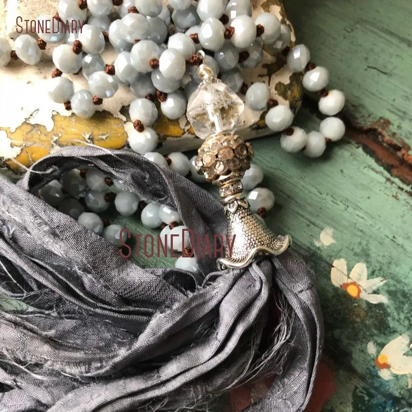 Romantic Shabby Boho Chic Grey Silver Sari Silk Tassel Necklace Versatile Accessory Fun Jewelry 32inch NM15447