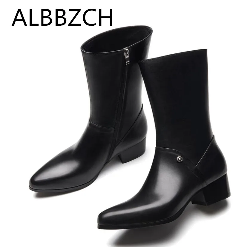 

Mens Genuine Leather Business Work Boots 5cm High heels Autumn Winter Warm Snow Boots Pointed Toe Riding Equestrian Dress Boots