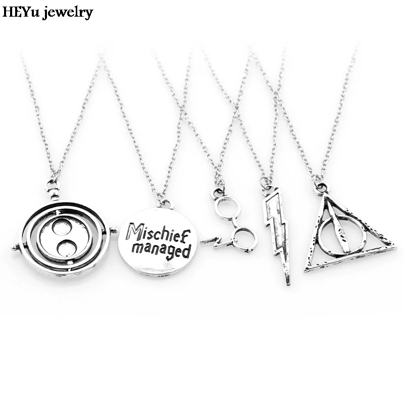 1 Conjunto Tempo Horcrux Turner Conseguiu Triângulo Relíquias da morte Hogwarts Relâmpago Liga colar Pendent colares Presente para Os Fãs