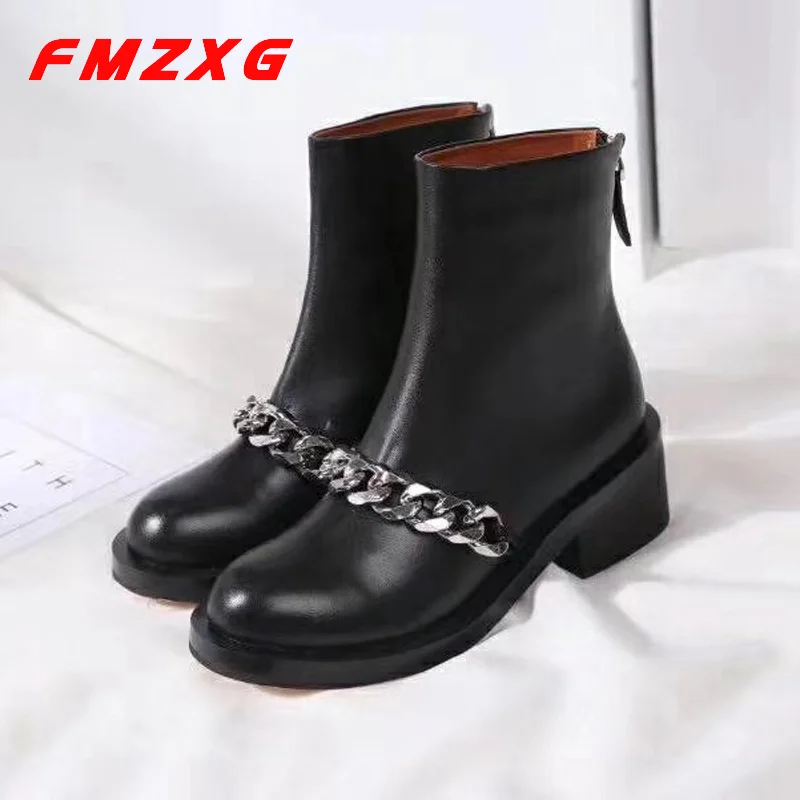 

Winter Women Motorcycle Boots Designer Booties Ankle Boot Autumn Leather Women Round Toe Genuine Leather Fashion Thick Heel Boot