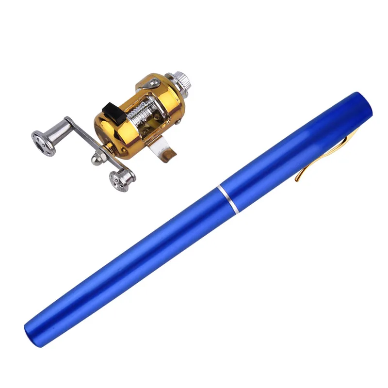 1pc Mini Portable Aluminum Alloy Pocket Pen Shape Fish Fishing Rod Pole With Reel Dropshipping - Цвет: Синий