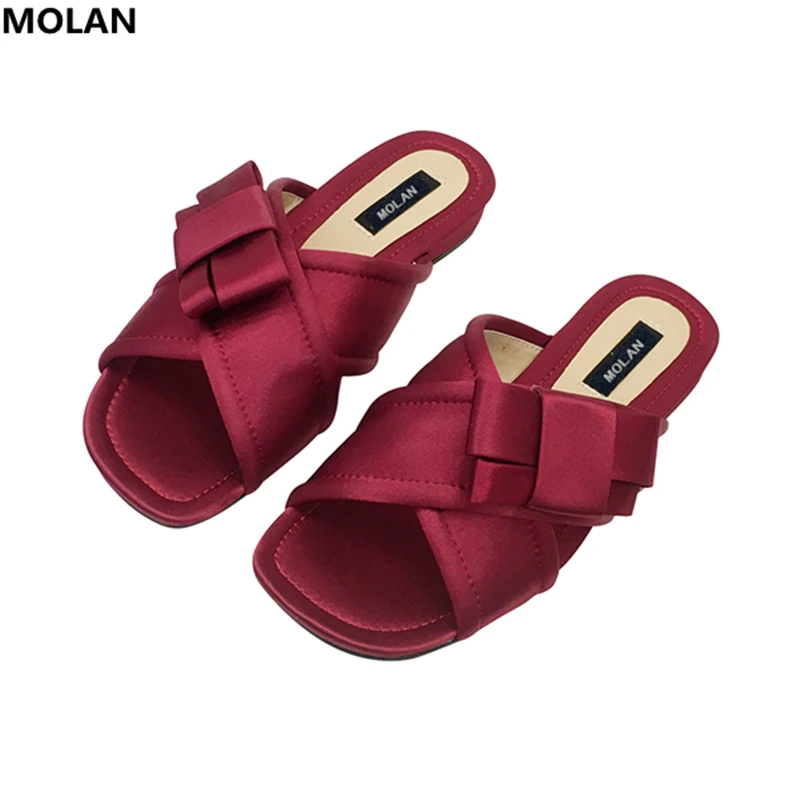 

MOLAN Brand Designer 2019 Summer New Sweet Butterfly Knot Woman Silk Slipper Flat Slides Slip On Loafers Mules Flip Flops Casual