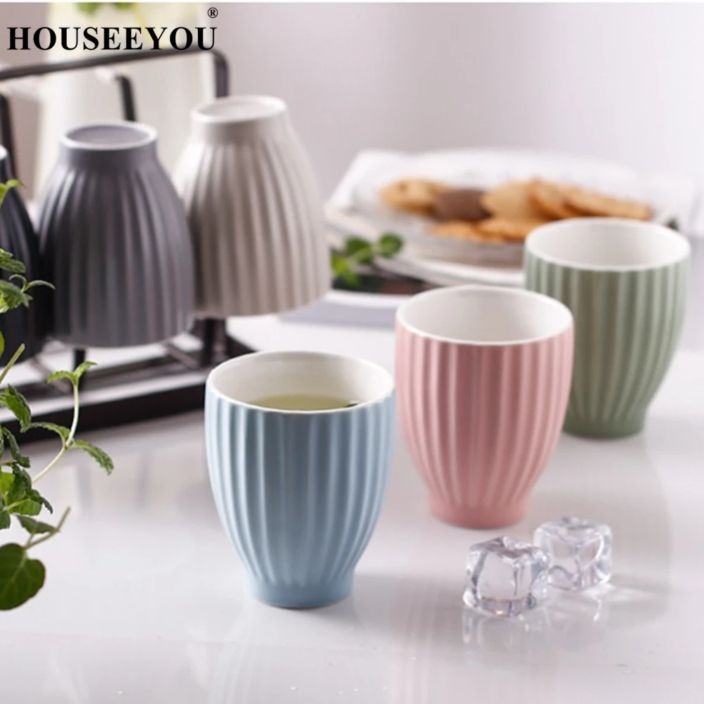 HOUSEEYOU 7 шт./компл. 6 цветов в полоску Керамика Кофе кружка комплект с ложкой и крышкой Pad молока Чай пива воды стакана сока кружки Чай чашка для дома