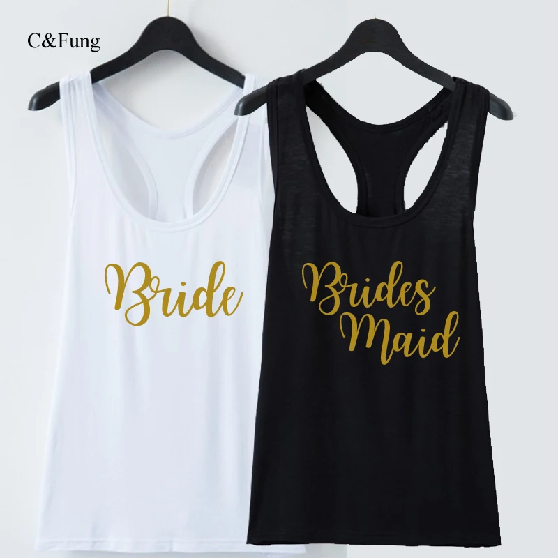 

C&Fung Bride Bridesmaid tee Tops gold writing Maid of Honor Tank Top Bachelorette Party t shirts Bridal Squad Matron honor tops