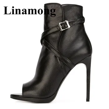 

Spring And Autumn Hottest Fashion Peep Toe And Thin High Heel Cross Buckle Strap High Quality Women Ankle Boots