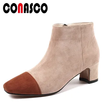 

CONASCO Fashion Women Ankle Boots Autumn Winter Warm Casual Office Zipper Martin Boots Suede Leather Square Heels Shoes Woman