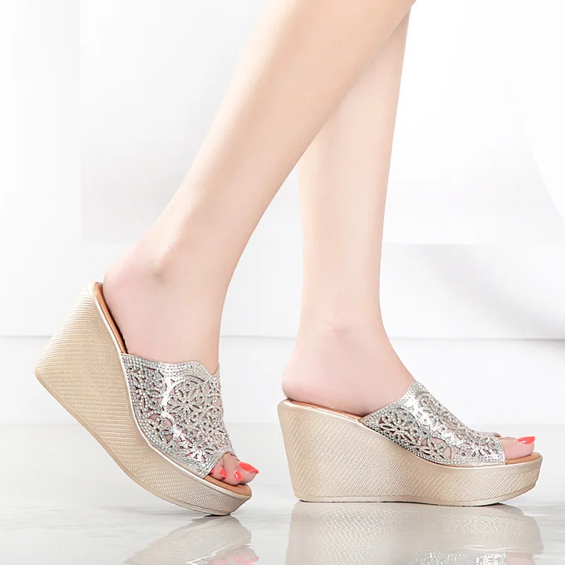 E TOY WORD Summer Slippers Rhinestone Platform High Heels sandals wedge women slippers fashion bohemian style women sandals