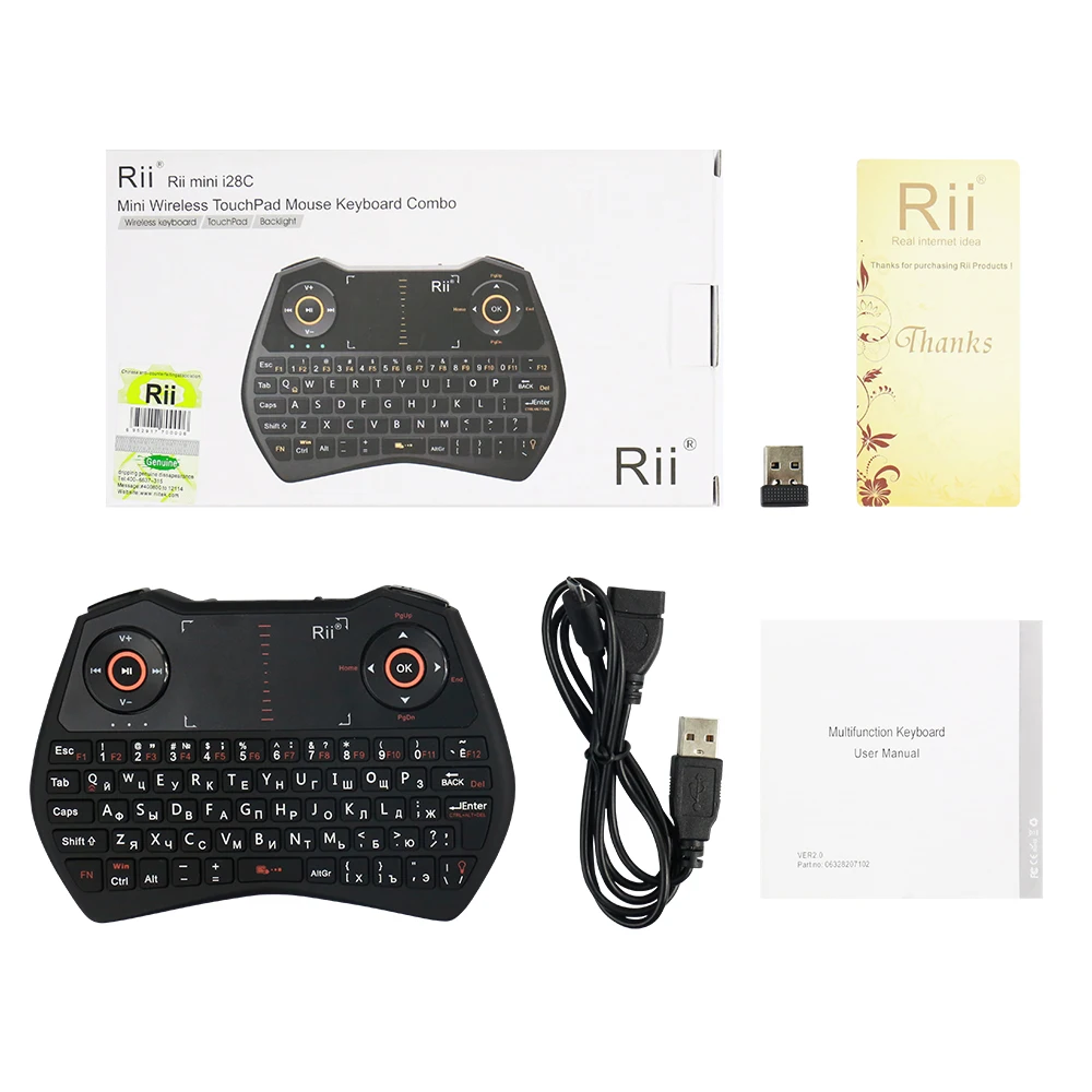 Rii i28C 2,4 ГГц мини русская беспроводная клавиатура с сенсорной панелью, воздушной мышью, подсветкой, литий-ионная батарея для мини-ПК, ТВ-приставка