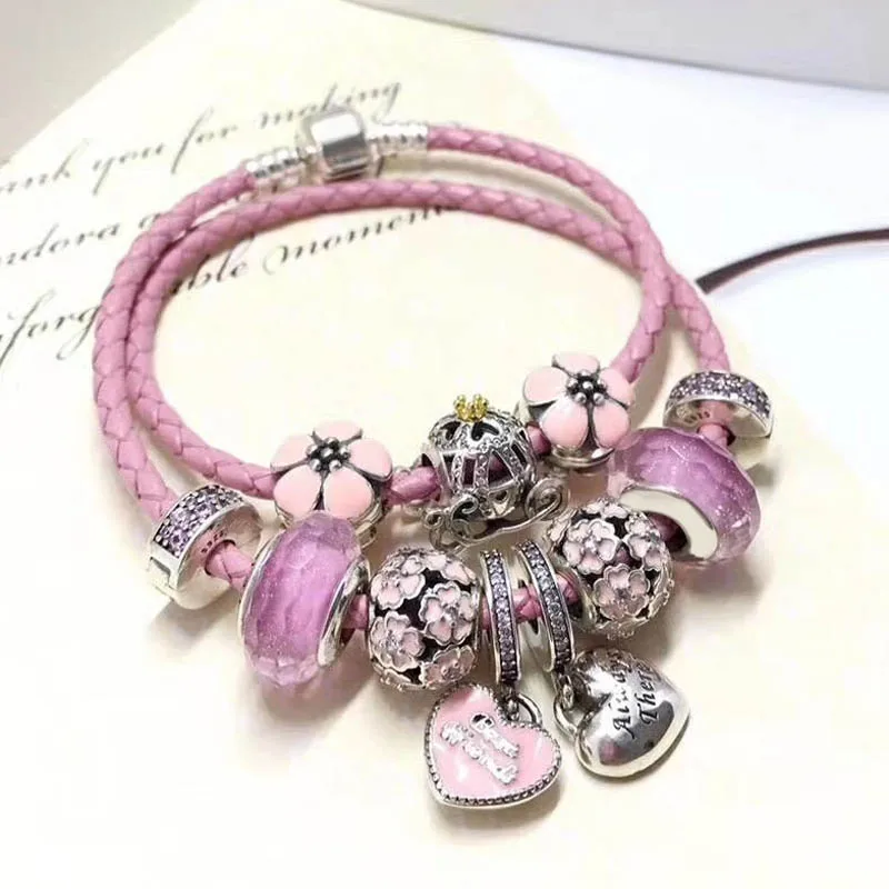 

100% 925 Sterling Silver Pink Flower Charms Bracelet For Women Gift Pink Series Summer Holiday Young Fashion Jewelry European