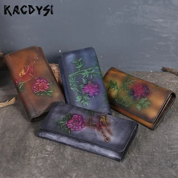 

2020 Design Original Handmade Top Capacity Women Wallet Billfold Long Vintage Real Leather National Lady Clutch Purse Money Clip