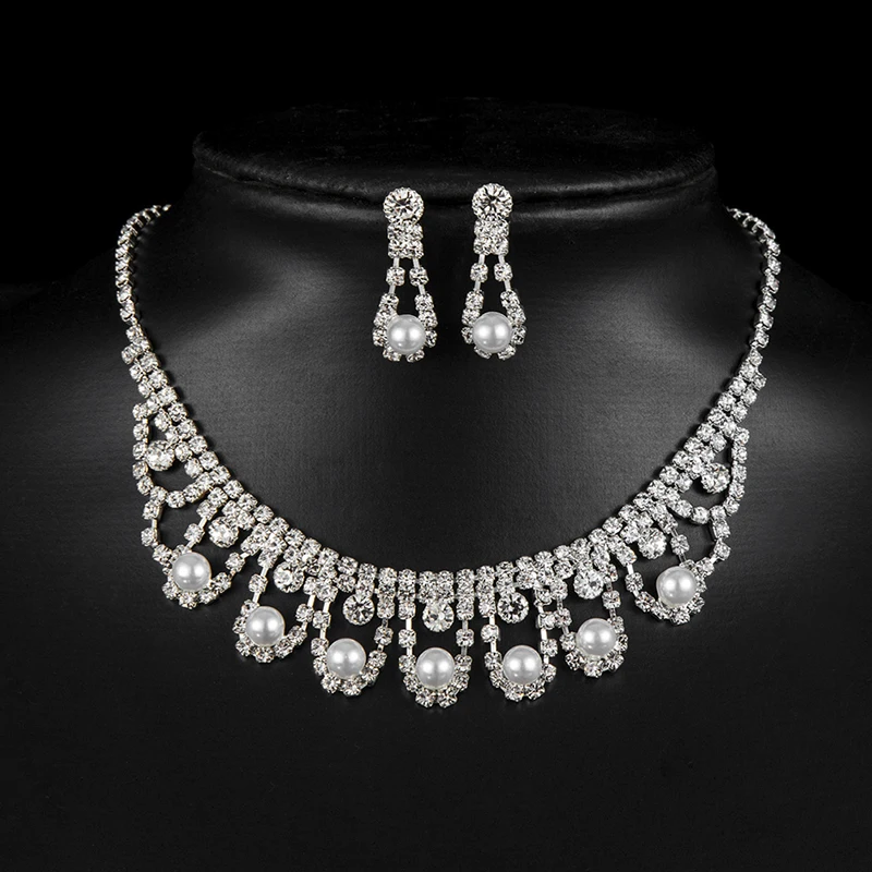 Crystal Rhinestone Necklace Earrings Set Fashion Wedding Bridal Silver Jewelry