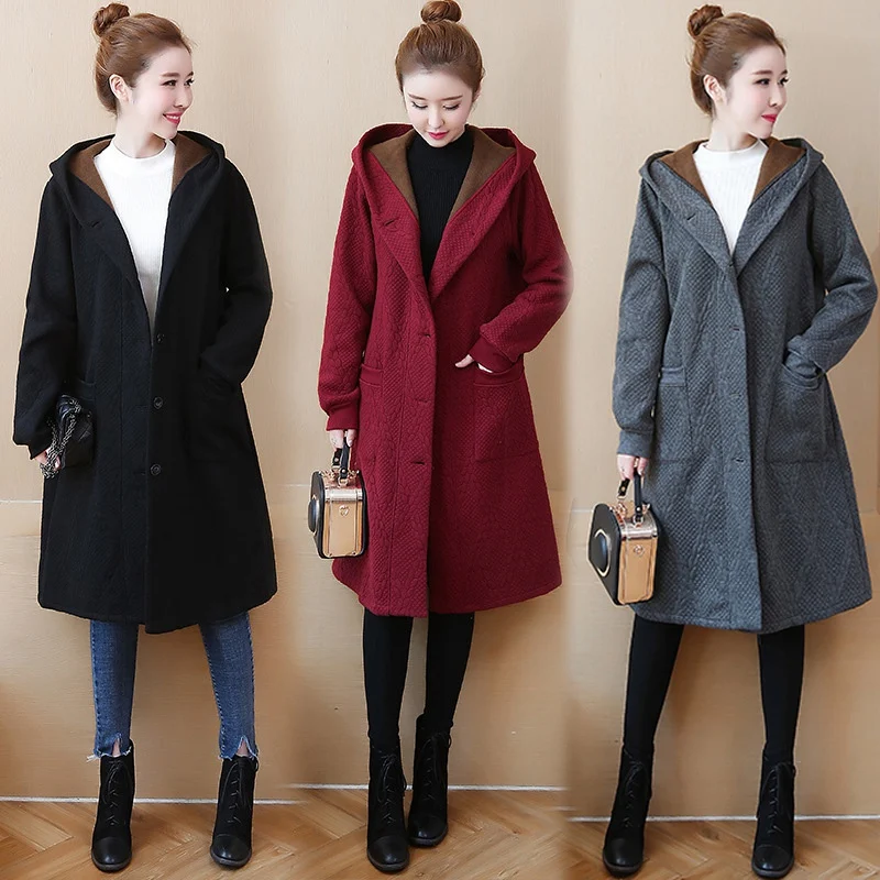

L- 4XL 5XL Hooded Women Winter Coat 2018 Thicken Velvet Plus Size Long Sleeve Single Breasted Cotton Blended Long Overcoat Z376