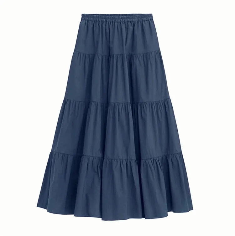 Новая Осенняя длинная хлопчатобумажная юбка, Высококачественная однотонная винтажная юбка длиной до лодыжки размера плюс, гофрированная юбка, 11 цветов, 6xl 7xl - Цвет: Navy blue