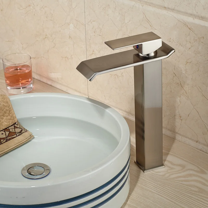 Nickel Brushed Single Handle Waterfall Bathroom Va...