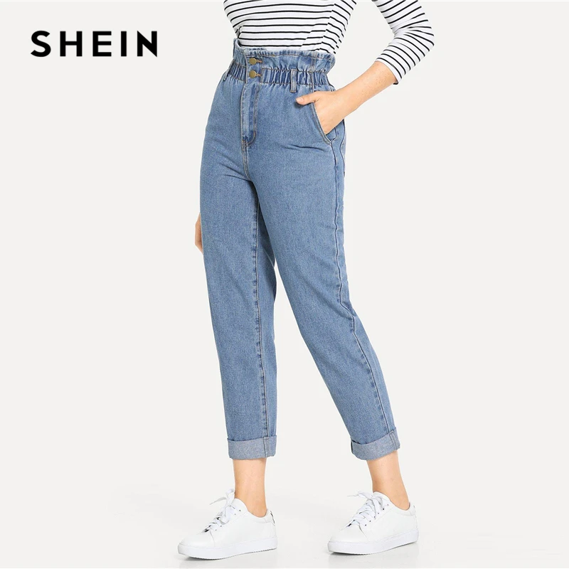 SHEIN Джинсы На Высокой Талии, Повседневные Стильные Джинсы С Подворотами