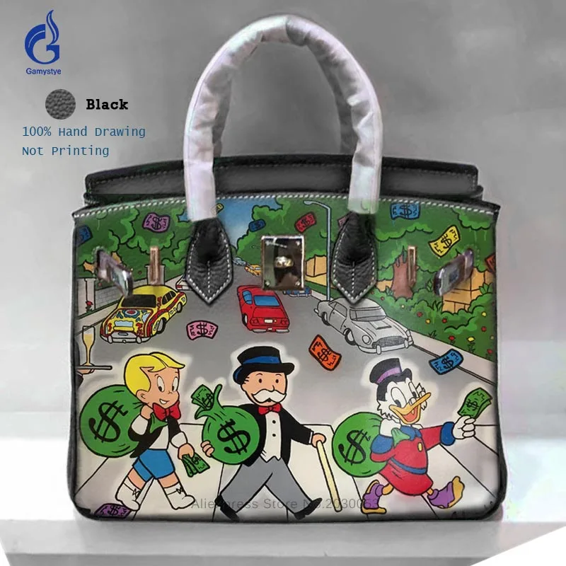 

ALEC Graffiti High Quality Genuine Leather Handbag Women Grace Fashion Big Shoulder&Crossbody Bag Casual Tote Bag Shopping Bags