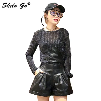 

Leather shorts Womens Spring Fashion sheepskin genuine leather shorts back stretch high waist vintage A Line shorts