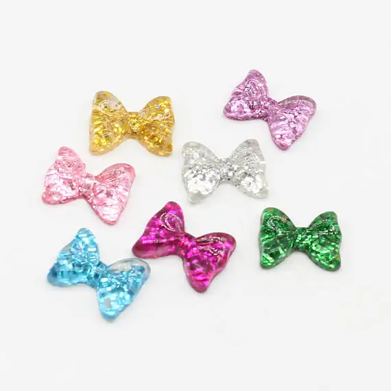 

100pcs Tiny Bow Bowtie Cabochon Set with Glitter (12mm) Fake Miniature Cupcake Topper Earring Making Nail Art Decoration