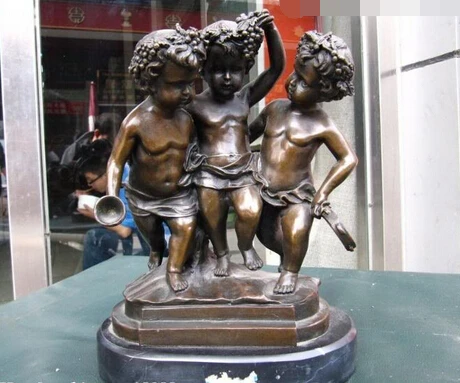 003355 10&quot Signed Pure Bronze &amp Marble Three Boys play Game Statue | Дом и сад