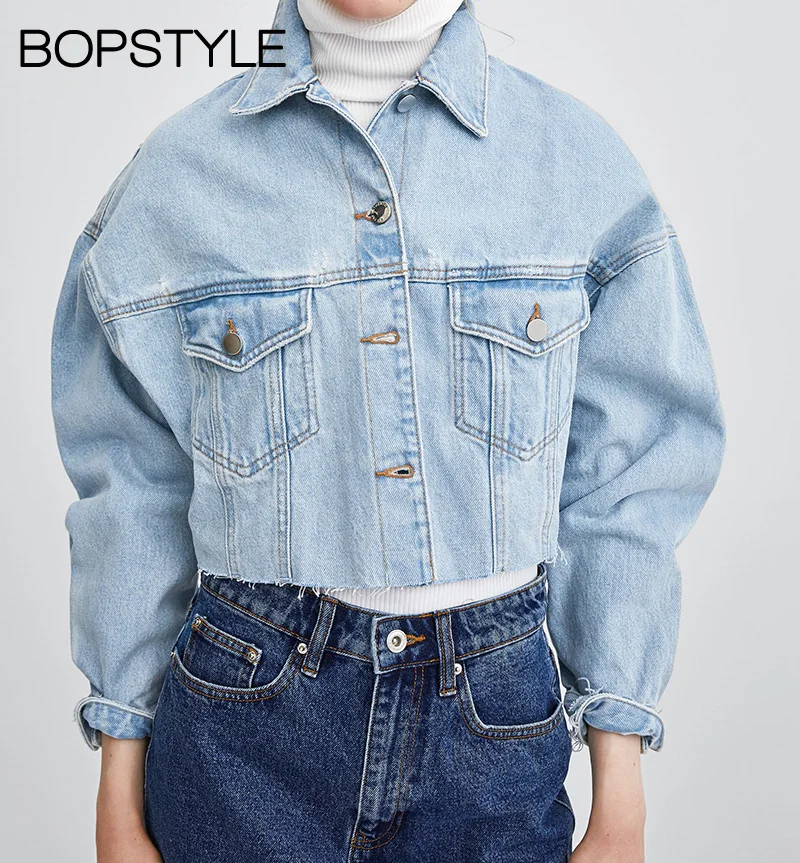 

2018 Women Shirt Collar & Long Sleeves Cropped Denim Jean Jacket Front Button-up & Flap Pockets Features Frayed Hem & Ripped